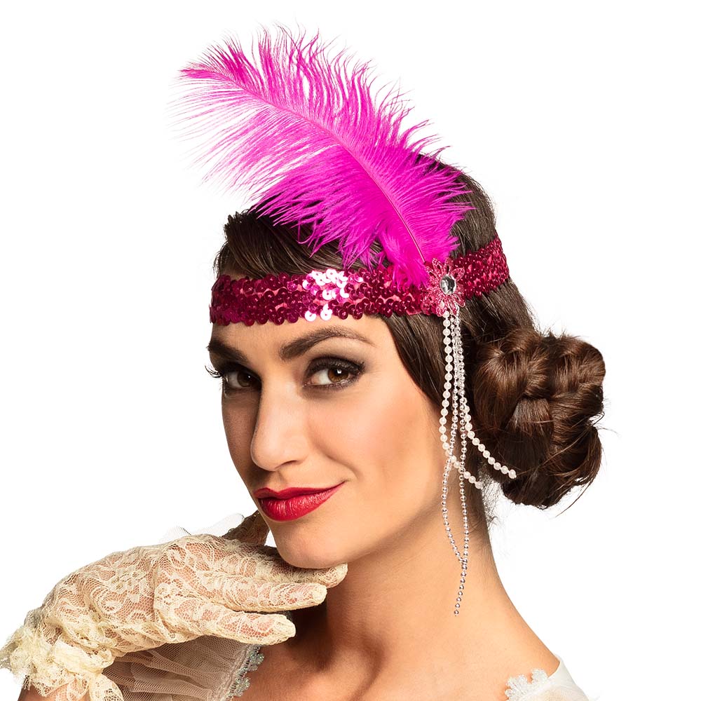 Gharleston glitter hoofdband met veer roze