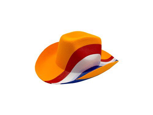 Oranje cowboyhoed met rood wit blauwe rand