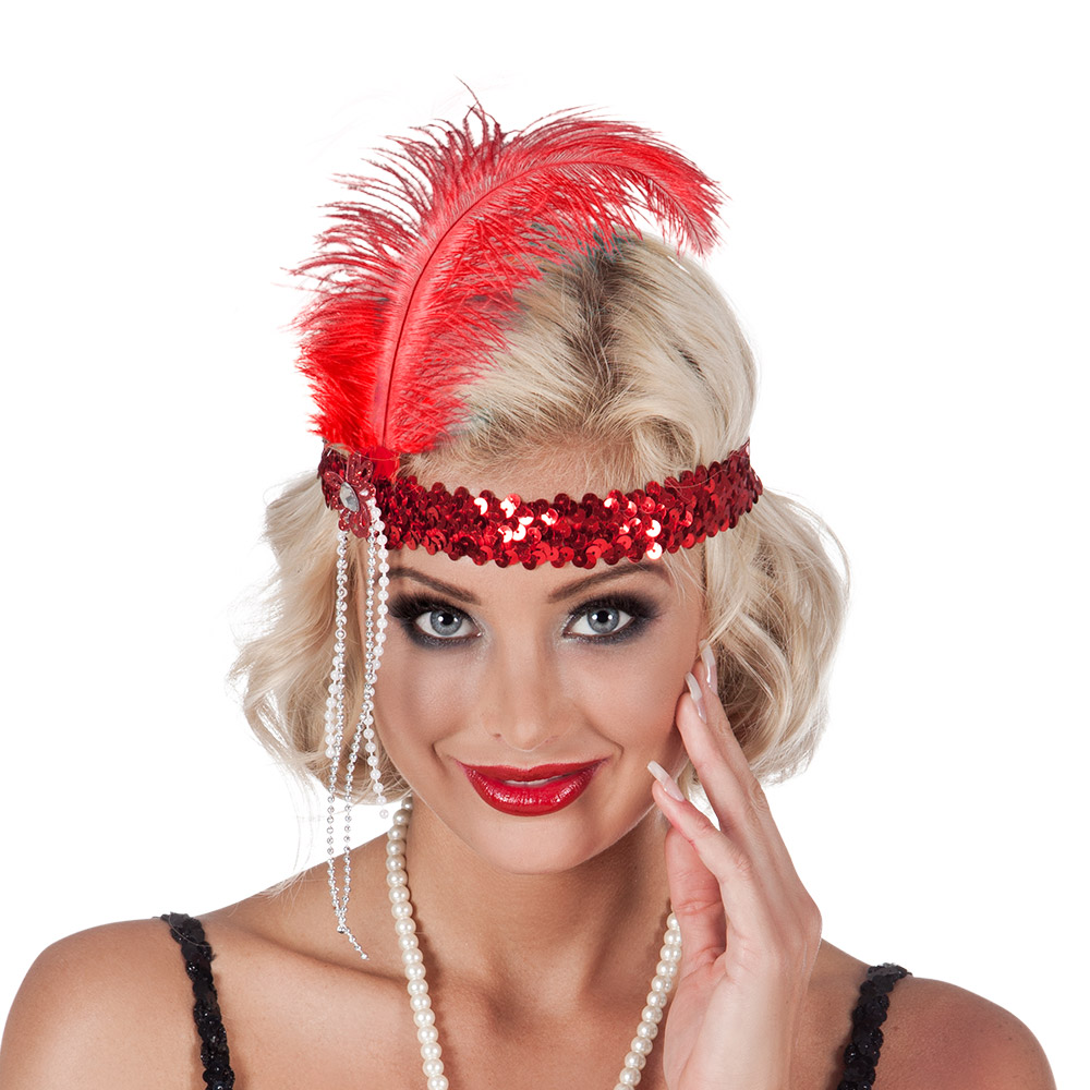 Charleston glitter hoofdband met veer rood