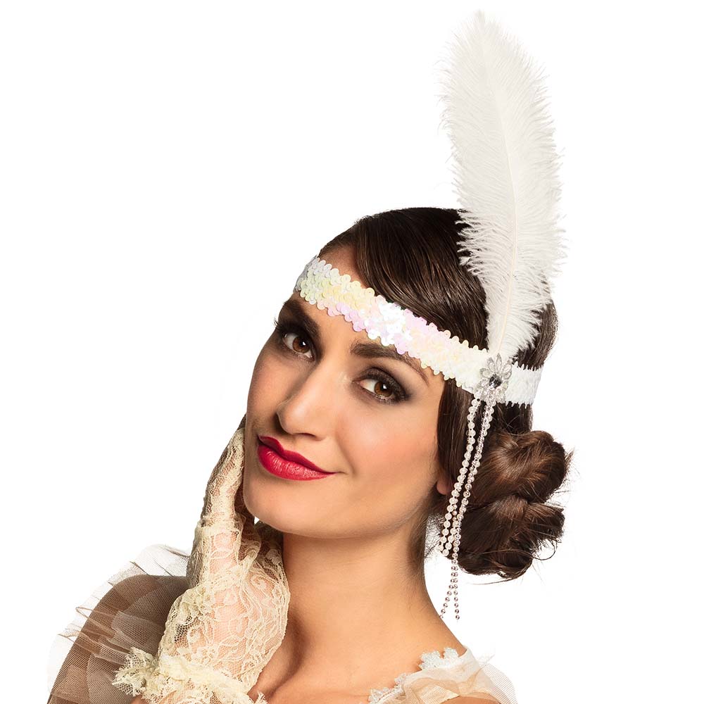 Charleston glitter hoofdband met veer wit