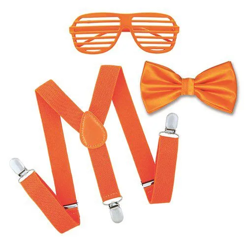 Neon oranje set incl bril, bretels en vlinderstrik