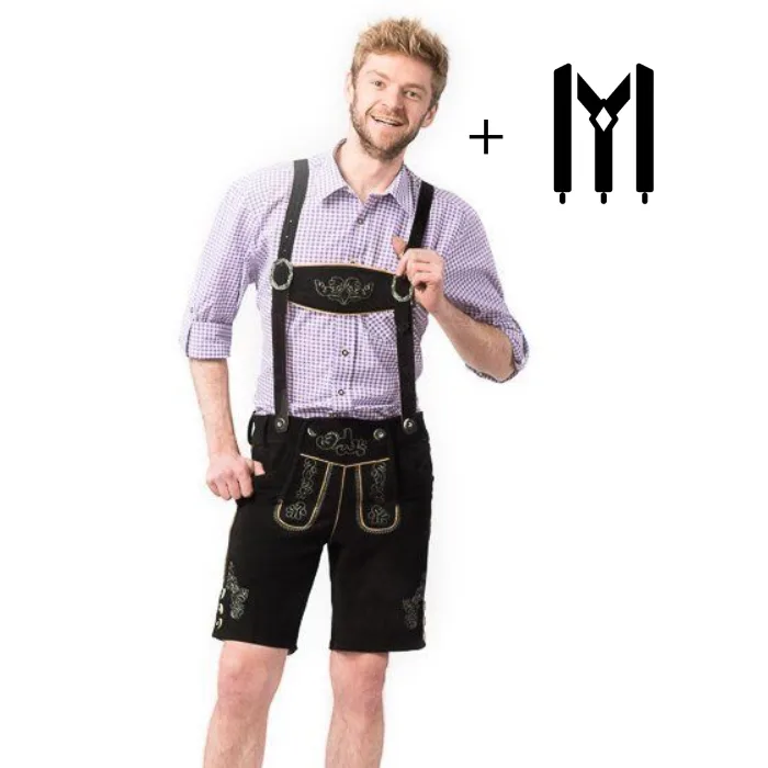 Lederhose Gustav Kort Zwart - 2XL/56 (Rundleer)
