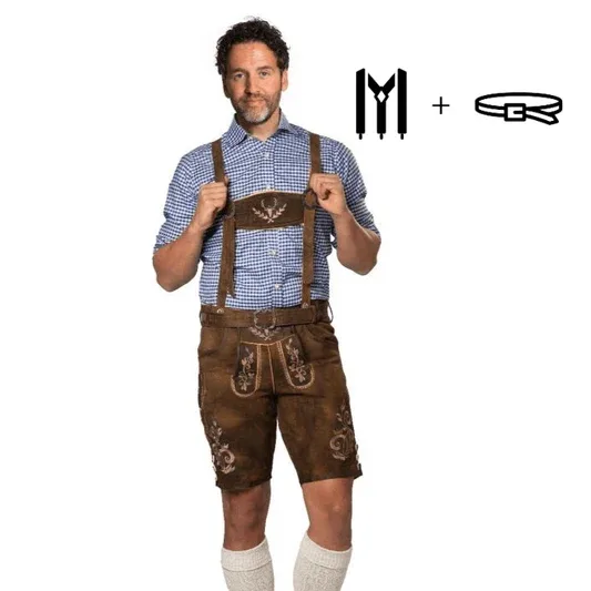 Lederhose Ralf Kort Donkerbruin met riem - L/52 (Rundleer)